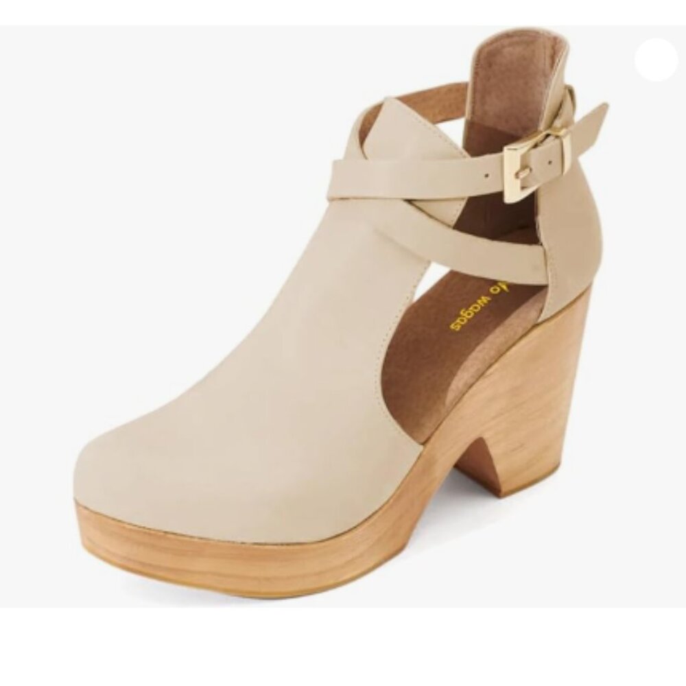 Beige Platform Round Toe Cutout Ankle Boots Strap Buckle Cork Block Heels Bootie